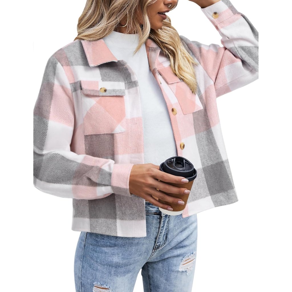 Flannels For Women Cropped Shacket Jacket Fashion Plaid Button Down Shirt 2026 F